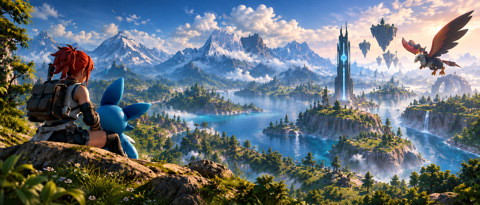 An explorer and a blue Pal looking across a mountainous valley towards a glowing tower
