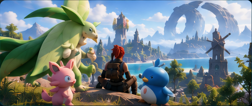 An explorer and a group of Pals overlooking the valley
